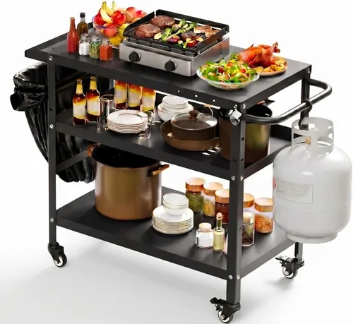 Xilingol Carrito de parrilla al aire libre, mesa de soporte para horno de pizza con ruedas para patio exterior, mesa de preparación de cocina al