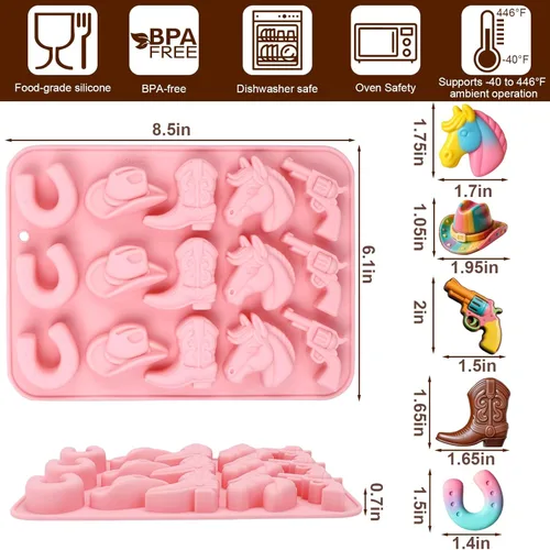 Miniatura 2 de Palksky Moldes de chocolate de vaquero, paquete de 2 moldes de silicona con temática occidental para hornear con botas de caballo de vaquero, 4