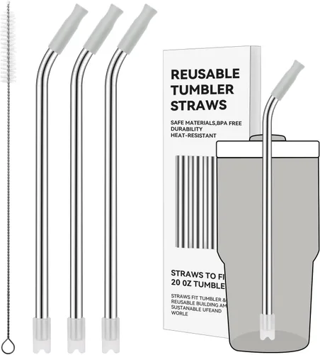 Miniatura 73 de Pajitas de metal rectas para vaso Stanley de 40 onzas, paquete de 3 popotes reutilizables de acero inoxidable con puntas de silicona y cepillo Gris