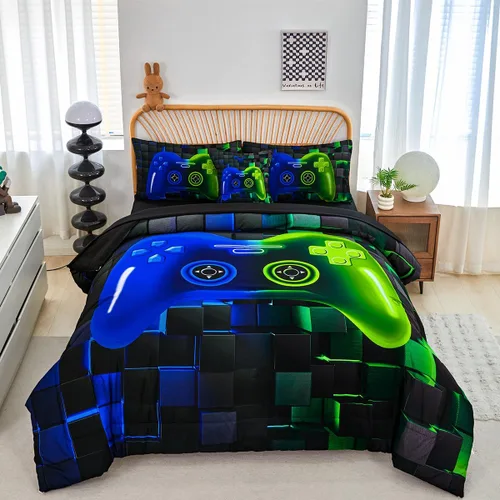 Miniatura 16 de PERFEMET Juego de ropa de cama tamaño Twin en una bolsa, 6 piezas, juego de ropa de cama gaming para niños, edredón azul gamer con juego de sábanas