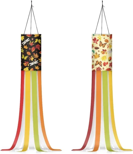 Miniatura 25 de Mumeson 2 piezas de calcetines de viento de otoño de arce de otoño, decoración al aire libre con bandera de cola, decoración colgante para pared