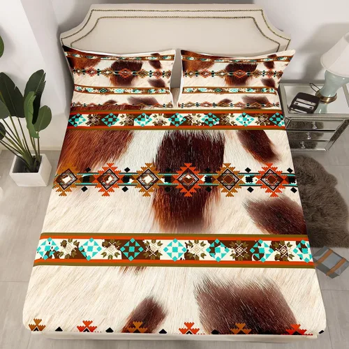 Miniatura 31 de Juego de ropa de cama de estilo bohemio occidental, tamaño individual, diseño de vaca atrapasueños, sábana bajera ajustable del suroeste, tribu