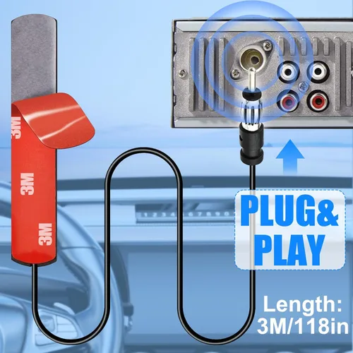Miniatura 3 de Antena de radio universal para automóvil, AM FM, antena de parche de montaje adhesivo para parabrisas oculto con cable y conector de enchufe DIN