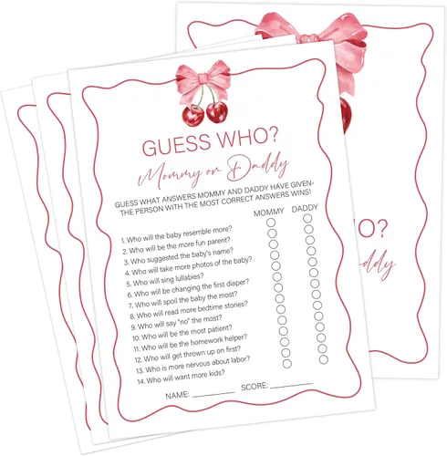 Miniatura 7 de Cherry Baby Shower - Juego de bingo para 30 invitados con tarjetas de juego, revelación de género, suministros y decoraciones para baby shower (DV35)