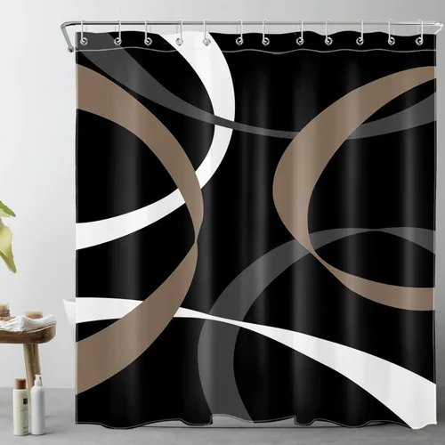 Miniatura 20 de LB Cortina de ducha abstracta rosa para baño, cortina de ducha de tela a rayas grises y blancas sobre fondo negro con ganchos, juego de cortinas