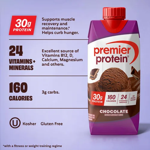 Miniatura 3 de Premier Protein - Batido de proteína sabor a chocolate, 30 gramos de proteína, sin azúcar añadida, 24 vitaminas y minerales para apoyar la salud