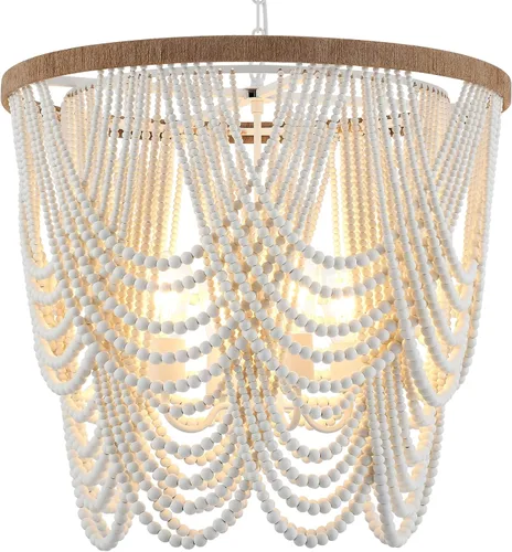 Miniatura 12 de candelabro rústico de 4 luces con cuentas de madera y borlas estilo Bohemia, luz colgante rústica antigua para dormitorio, isla de cocina, comedor