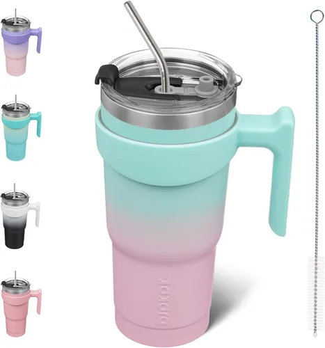 Miniatura 67 de BJPKPK Vaso con asa de acero inoxidable de 20 onzas, con aislamiento de doble pared, con tapa y pajita, color rosa claro A-rosa claro