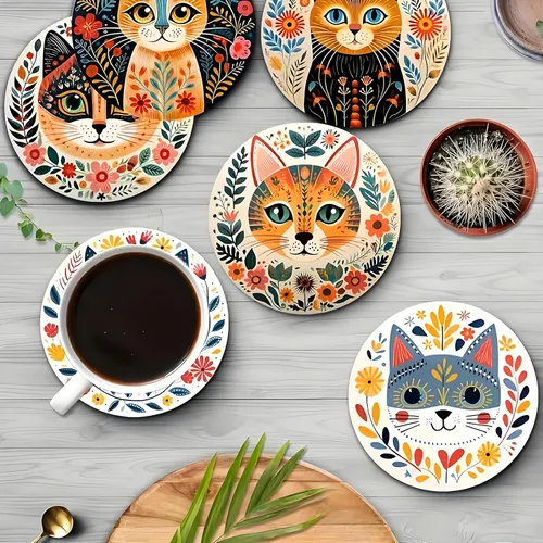 Miniatura 9 de Juego de 6 posavasos de madera para bebidas, diseño de gato hecho a mano, grueso, resistente al calor, para cerveza, café, oficina, bar, decoración