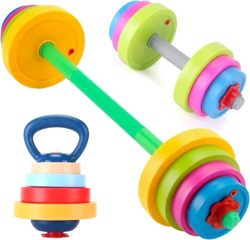 Juego de pesas para niños - Equipo de juguete ajustable de 3-en-1 para ejercicio de juego de roles para niños - Gimnasio para principiantes,