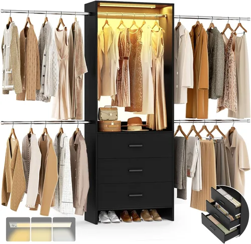 Miniatura 12 de Aheaplus Sistema de Armario, Organizador de Armario con 3 Cajones de Madera, Sistema Organizador de Armario, Armario Walk-in con Perchero para Ropa