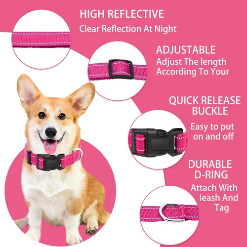 Miniatura 2 de Collar reflectante para perro con hebilla de bloqueo, collares de nailon ajustables suaves y transpirables para perros pequeños, medianos y grandes