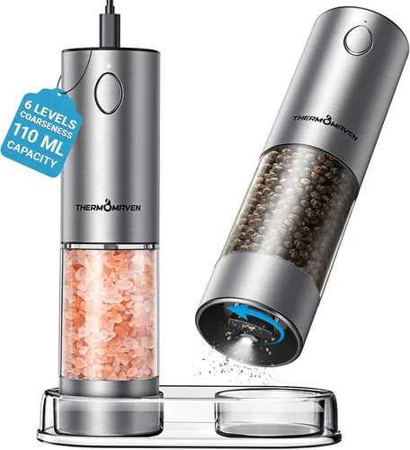 ThermoMaven Juego de molinillo eléctrico de sal y pimienta de mayor capacidad, 3.7 fl oz, mezclador de sal y pimienta recargable con luz LED,