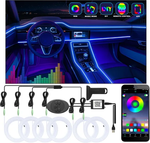 Miniatura 10 de Tira de luces LED para coche, luces interiores del coche, kit de iluminación LED ambiental con RGB de 16 millones de colores de fibra óptica y ritmo