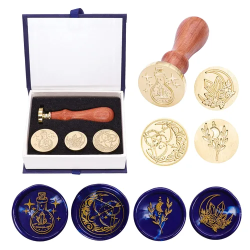 Miniatura 2 de SWANGSA Juego de sellos de cera, botella mágica vintage de 4 piezas, cabezas de sello de cera de sellado de plantas de flor de luna + 1 kit