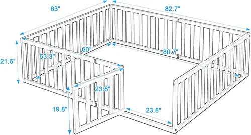 Miniatura 2 de Bellemave Cama de suelo Queen para niños, marco de cama Montessori con barandillas y puerta en forma de valla, cama Queen de madera para niños, Gris