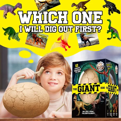 Miniatura 7 de Kit de excavación de huevos de dinosaurio, desentierra un huevo de dinosaurio jumbo con 12 juguetes únicos de dinosaurio grandes sorpresa, juguetes