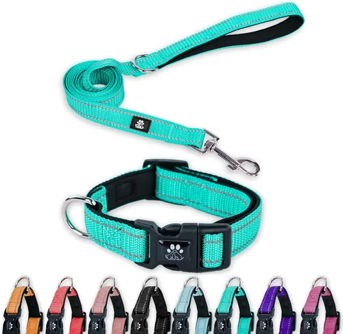 Miniatura 7 de FURRYFECTION Juego de collar y correa reflectante para perro con hebilla de liberación rápida, acolchado con collar de nailon ajustable de neopreno