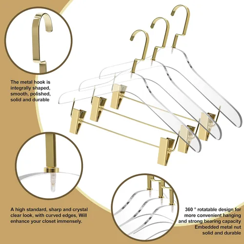 Miniatura 2 de Perchas acrílicas transparentes de calidad 40 para faldas y pantalones, elegante colgador con ganchos dorados, organizador de armario para adultos
