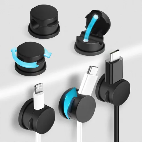 6 piezas de clips magnéticos para cables, organizador de cables adhesivo giratorio de 360° - Soporte compacto para cables para escritorio, mesita de
