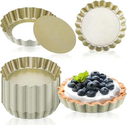 Uiifan 32 mini moldes para tartas, moldes antiadherentes de 4 pulgadas con parte inferior extraíble, sartén redonda acanalada para quiche para Dorado