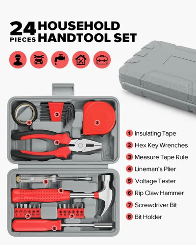 Miniatura 4 de Kit de herramientas de bricolaje de 24 piezas para el hogar, oficina y garaje - Juego de herramientas de mano pequeñas de reparación general con Rojo