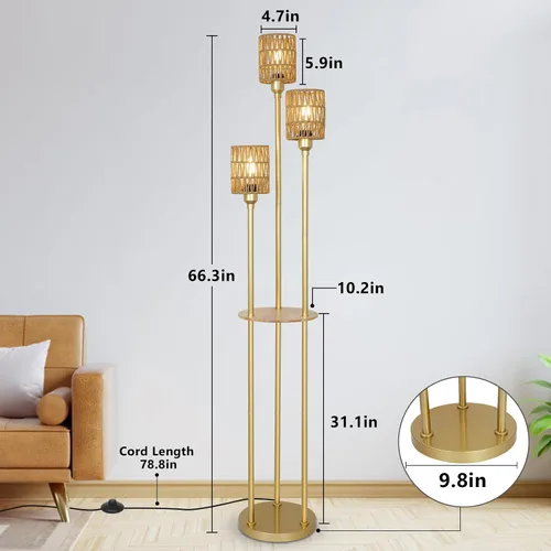 Miniatura 5 de Lámpara de pie bohemia con estantes, lámpara de pie alta de granja de 3 luces con interruptor de pie de encendido/apagado, lámparas de pie modernas
