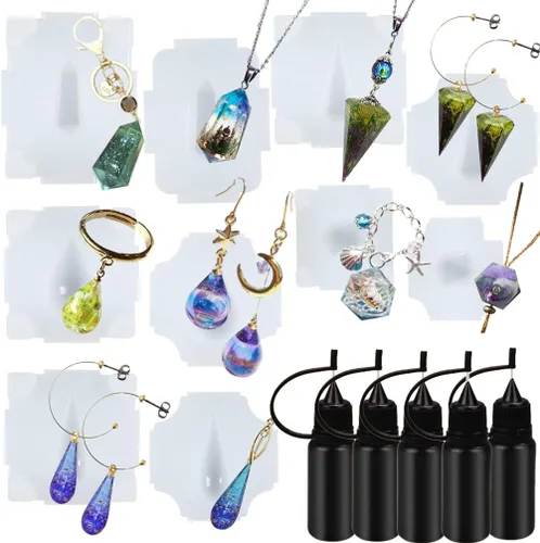 Miniatura 7 de Molde de silicona 3D Merkaba Chakra Stones Geométrico UV Resina Fundición con 5 botellas aplicadoras de punta de precisión, paquete de 8 collares