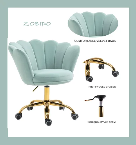 Miniatura 4 de Silla cómoda de oficina en casa con ruedas, linda silla de escritorio ajustable de terciopelo con respaldo de concha marina moderna giratoria
