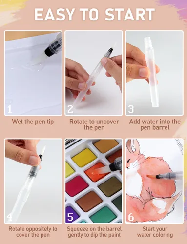 Miniatura 8 de Nicpro Juego de pintura de acuarela de 100 colores, macarrón metálico y fluorescente, 8 pinceles sintéticos de ardilla, 25 papel de acuarela