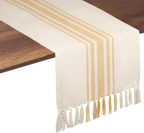 Miniatura 14 de Native Fab Camino de mesa a rayas grises – Mantel bohemio de 72 pulgadas de largo con borlas – 100% algodón, tejido apretado, mantel antideslizante
