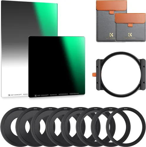 K&F CONCEPT Filtro cuadrado ND1000 de 3.937 in (10 topes) + filtro GND8 suave de 5.906 in (3 topes) + soporte de metal + 8 anillos adaptadores Kit