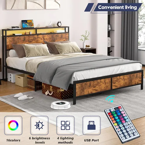 Miniatura 5 de Base de cama Queen con luces LED, cabecera de almacenamiento industrial con estación de carga y puerto USB, marco de cama industrial moderno