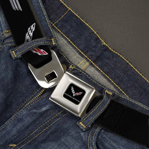 Miniatura 2 de Cinturón de seguridad con hebilla - CORVETTEC7 Logo NegroPlataRojo - 1.0" Ancho - 20-36 pulgadas de Largo
