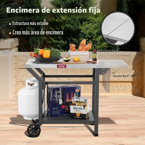 Miniatura 6 de Feasto Mesa de parrilla móvil con mesa auxiliar plegable, mesa para horno de pizza como carrito de preparación de alimentos para barbacoa con Gris