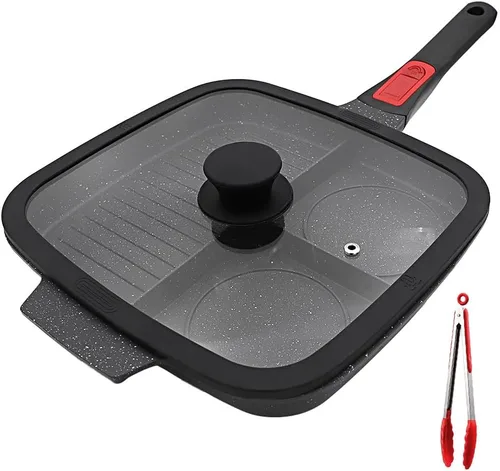 Miniatura 8 de Sartén Parrilla 3 en 1 para Estufas con Mango Desmontable, Plancha Versátil Antiadherente Dividida, Sartén Cuadrada Libre de PFOA, Negro