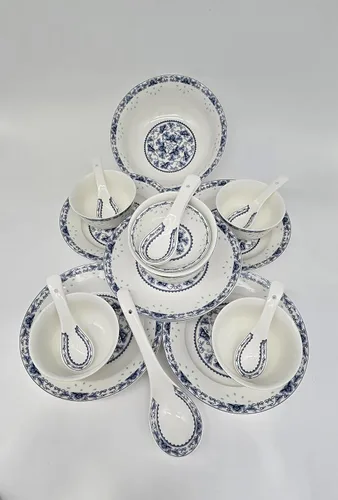 Miniatura 4 de Juego de vajilla azul y blanco de porcelana de hueso de 28 piezas para 6 cuencos de arroz Jingdezhen, (loto azul)