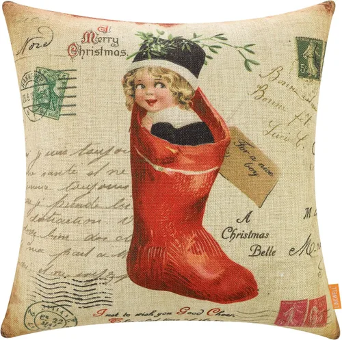 Funda de almohada vintage de Navidad de 18 x 18 pulgadas, funda de almohada rústica para sofá y sillón, decoración de interiores de Navidad para