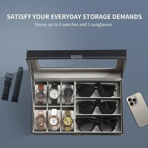 Miniatura 5 de AUTOARK AW-004 - Caja de cuero para 6 relojes y 3 lentes y gafas de sol con organizador de joyas, cajas de almacenamiento para hombre y mujer, tapa