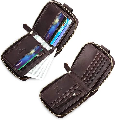 Miniatura 4 de BAIGIO Billetera de cuero genuino con cremallera alrededor de RFID bloqueo billetera plegable vintage multi tarjetero monedero, Café oscuro, Cartera