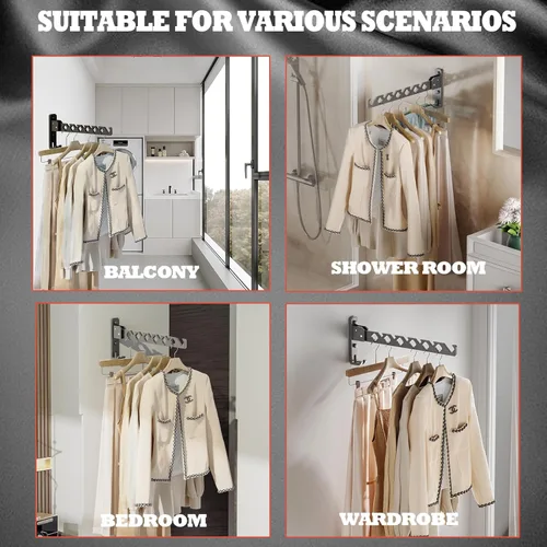 Miniatura 3 de Soporte para colgar abrigos de pared, organizador de secado de ropa negro, ganchos de aluminio retráctiles plegables para interiores para colgar