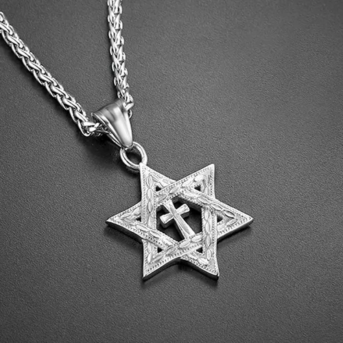 Miniatura 155 de U7 - Collar con Estrella de David para hombres y mujeres, dije hexagonal de acero inoxidable con cruz/piedra de rubí/collares clásicos judíos