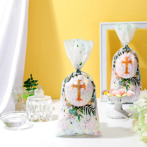 Miniatura 3 de Hotop 100 bolsas de celofán de bautismo, bolsa de regalo, dulces con 150 lazos, suministros de decoración de fiesta de primera comunión