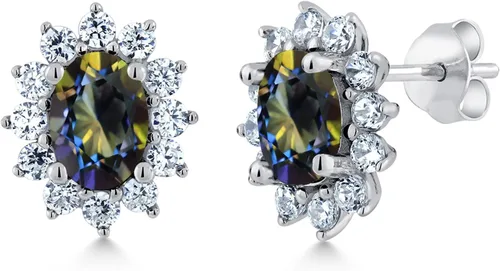 Miniatura 64 de Gem Stone King Aretes ovalados de plata de ley 925 de 0.276 x 0.197 in con piedra natal de la princesa Diana, estilo halo real para mujeres