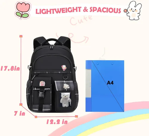 Miniatura 3 de PRLINJSK Mochila para niñas, mochila escolar linda para niñas, niños y adolescentes, mochila Kawaii para primaria, Negro, Mediana, Mochilas