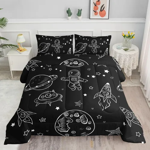 Juego de edredón espacial para niños astronautas para niños, niños, niños, con estampado de cohete de astronauta de nave espacial galáctica, con 1