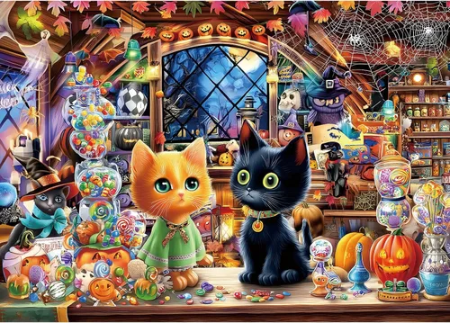 Rompecabezas de Halloween para adultos, 1000 piezas, rompecabezas de tienda mágica de gatos y brujas con letras en la parte posterior con caramelo
