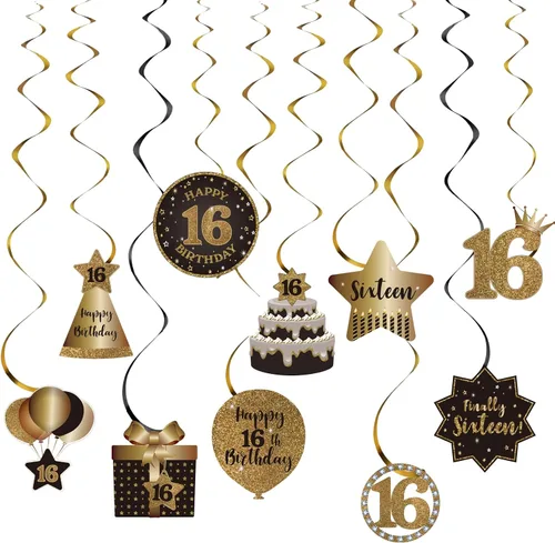Decoraciones de techo colgantes de remolinos de feliz 16 años, celebración, 16 remolinos colgantes de aluminio con recortes para dulces 16 años de