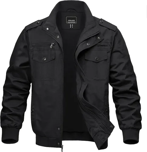 MAGNIVIT Chaqueta cortavientos militar ligera para hombre con cuello parado, cierre frontal, 7 bolsillos - Algodón Negro