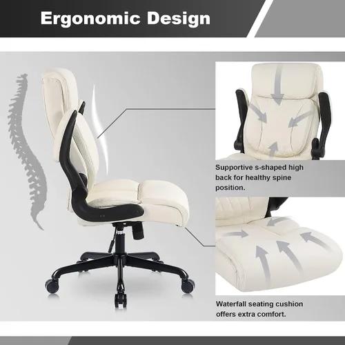 Miniatura 5 de Youhauchair Silla de oficina ejecutiva, silla ergonómica de piel sintética para computadora con soporte lumbar, reposabrazos abatibles y altura Beige